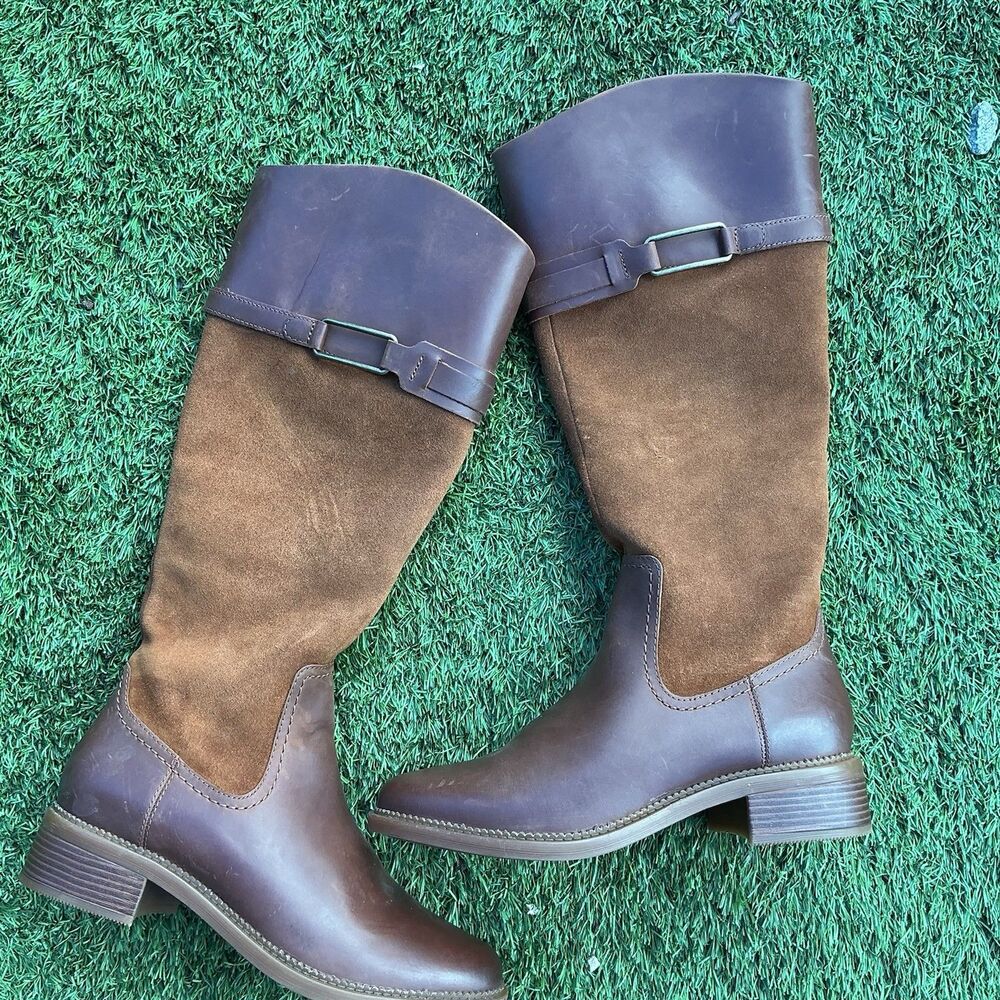 Clarks Women’s Size 8 Brown Leather Suede Knee High Riding Boots Buckle
